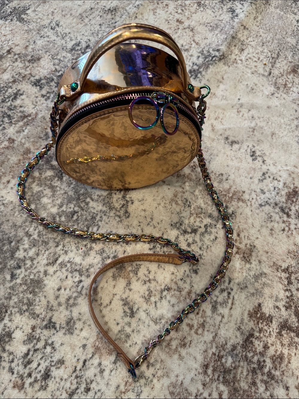 Iridescent Rose Gold Round Crossbody Bag with Chain Strap